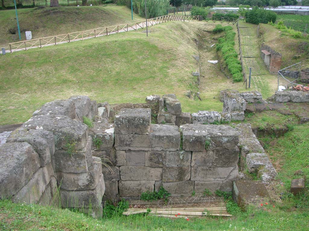 Pompeii Vesuvian Gate. Walls and Tower X looking west.