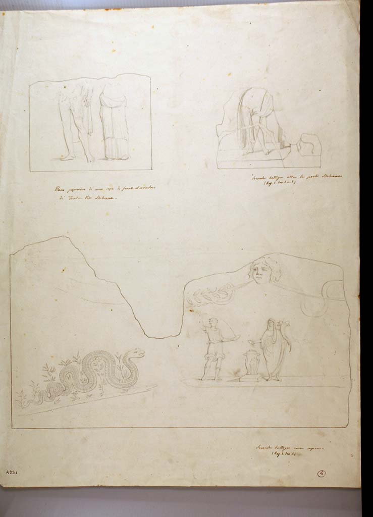 I.1.2 Pompeii. ADS 1. Drawing by Geremia Discanno of three drawings from Reg. I.
Written beneath,
Top left – upper floor of a house facing the corridor of the theatre, Via Stabiana, (perhaps 1.2.6 or 1.2.10?).
Top right – second shop after the Stabian Gate, I.1.2, (Sogliano 161).
Below – second shop, as above. (Sogliano 19).
Now in Naples Archaeological Museum. Inventory number ADS 1.
Photo © ICCD. https://www.catalogo.beniculturali.it
Utilizzabili alle condizioni della licenza Attribuzione - Non commerciale - Condividi allo stesso modo 2.5 Italia (CC BY-NC-SA 2.5 IT)
See Sogliano, A., 1879. Le pitture murali campane scoverte negli anni 1867-79. Napoli: Giannini. (p.38, no.161, and p.11, no.19).
According to Kuivalainen, describing the painting on the top right –
“On the left, a youth is standing with his weight on his right foot. He wears a violet himation over his back and across his left thigh; he leans with his left arm on a dark blue pillar. On the right stands (?) a panther with dark spots on yellowish fur, his hind legs and long tail visible, facing the figure. There seem to be rocks in the landscape.”
See Kuivalainen, I., 2021. The Portrayal of Pompeian Bacchus. Commentationes Humanarum Litterarum 140. Helsinki: Finnish Society of Sciences and Letters, (p.107, C1).