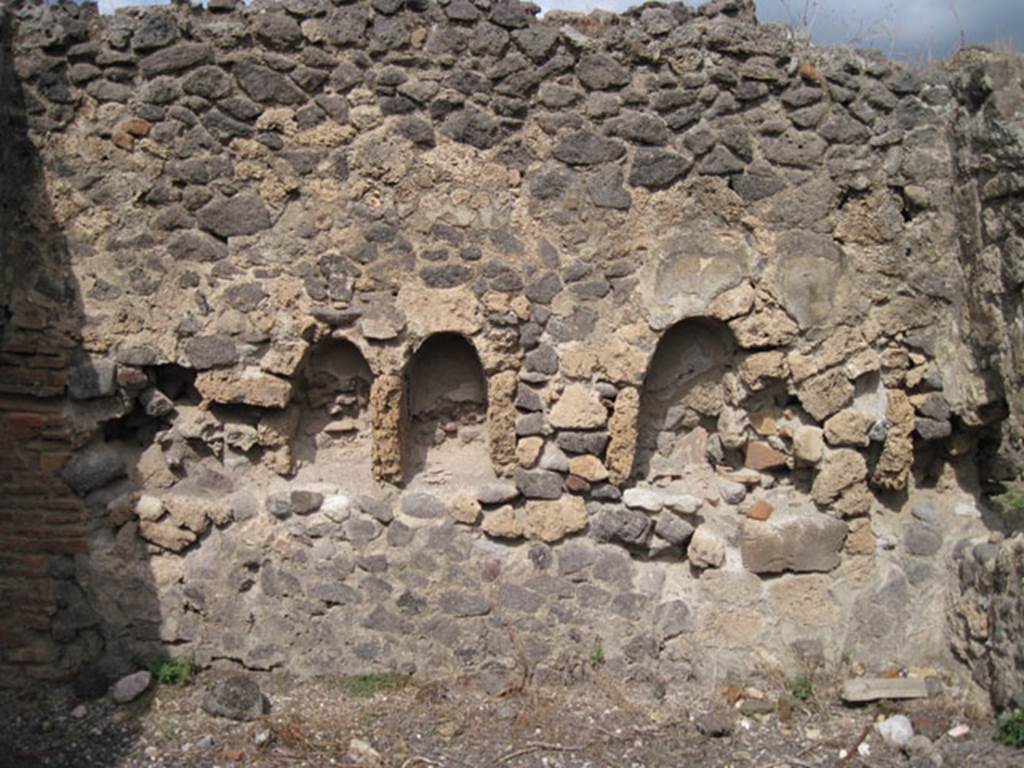 I.3.8b Pompeii. September 2010. North wall with niches. According to Fiorelli, “in the kitchen, other than the hearth, one finds two niches for the worship of the domestic gods”.
See Pappalardo, U., 2001. La Descrizione di Pompei per Giuseppe Fiorelli (1875). Napoli: Massa Editore. (p.39. Photo courtesy of Drew Baker.