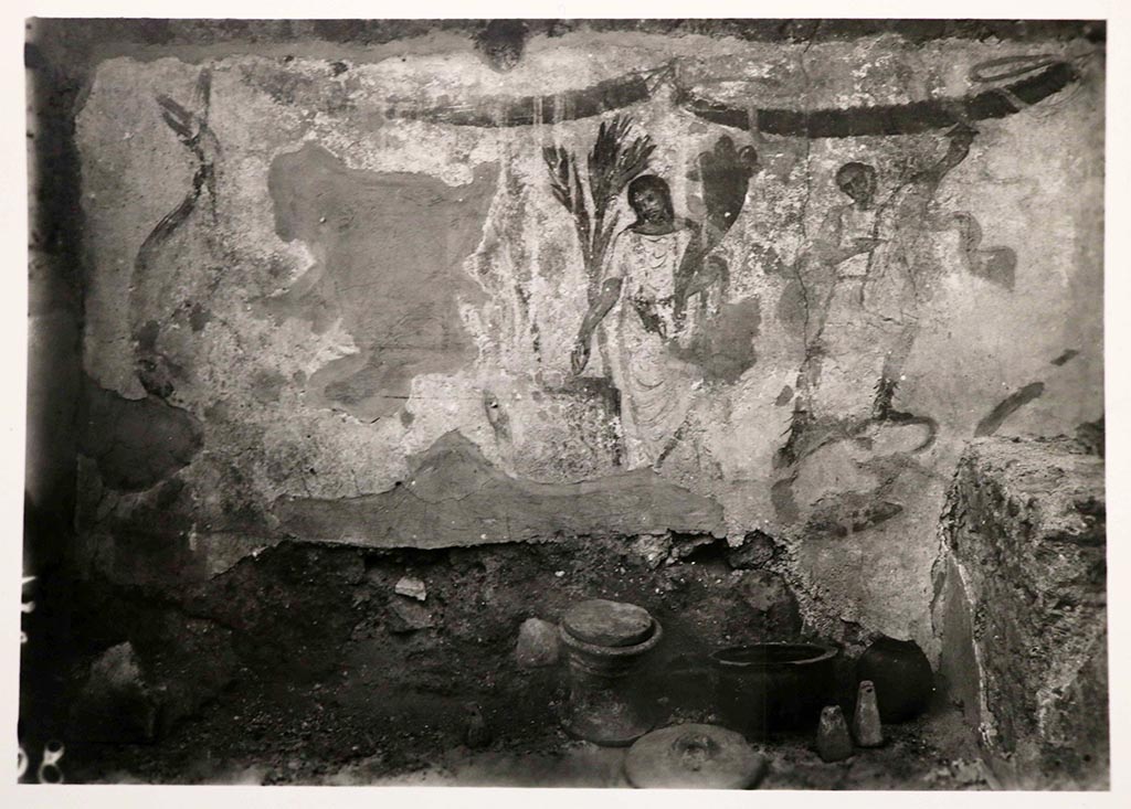 I.7.18 Pompeii. Lararium painting, north and west wall in kitchen, found above the hearth, on which were also found furnishings, ceramics and weights.
See Giacobello, F., 2008. Larari Pompeiani: Iconografia e culto dei Lari in ambito domestico. Milano: LED Edizioni, (p.138, no.11)
According to Fröhlich this was painted on a white-ground wall surface. The picture on the north wall shows the sacrificing genius flanked by two lars at the round altar, behind which stand two palm bushes. Garlands hang from the upper edge of the picture.
To the right of the head and arm of the right-hand Laren, the corresponding body parts of an older Laren show through under the current white plaster. Remnants of brown paint on the left of this scene are probably from a coiled snake stretching its head up towards the corner of the room. The faint traces of paint on the plaster stucco on the adjoining west wall suggest that an analogous snake was depicted here. If this is the case, the two snakes may have flanked an altar painted in the corner of the room, cf. L66 (VI 9,6/7).
See Fröhlich, T., 1991. Lararien und Fassadenbilder in den Vesuvstädten. Mainz: von Zabern, (p. 252, L7, taf. 25.1).