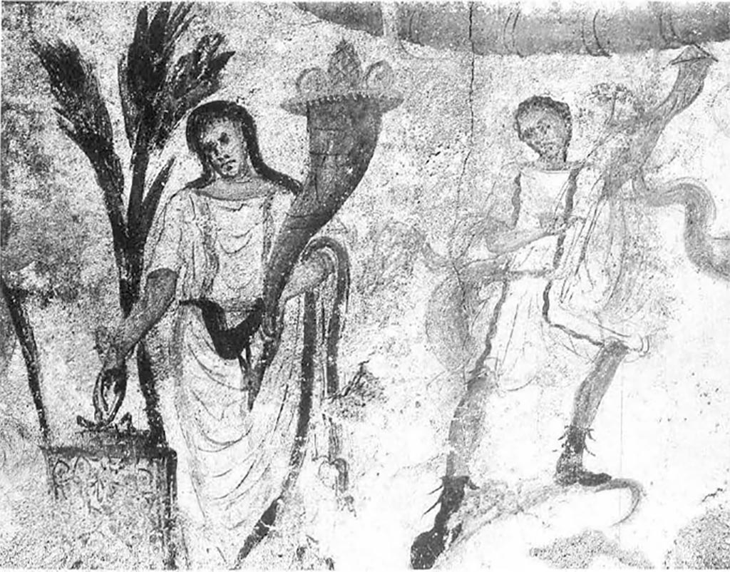 I.7.18 Pompeii. Lararium painting, sacrificing Genius wearing a toga and holding a large cornucopia, and Lar holding a rhyton, painted above the hearth, north wall in kitchen.
See Giacobello, F., 2008. Larari Pompeiani: Iconografia e culto dei Lari in ambito domestico. Milano: LED Edizioni, (p.138, no.11)
According to Fröhlich, to the right of the head and arm of the right-hand Laren, the corresponding body parts of an older Laren show through under the current white plaster.
See Fröhlich, T., 1991. Lararien und Fassadenbilder in den Vesuvstädten. Mainz: von Zabern, (p. 252, L7, taf. 25.1).