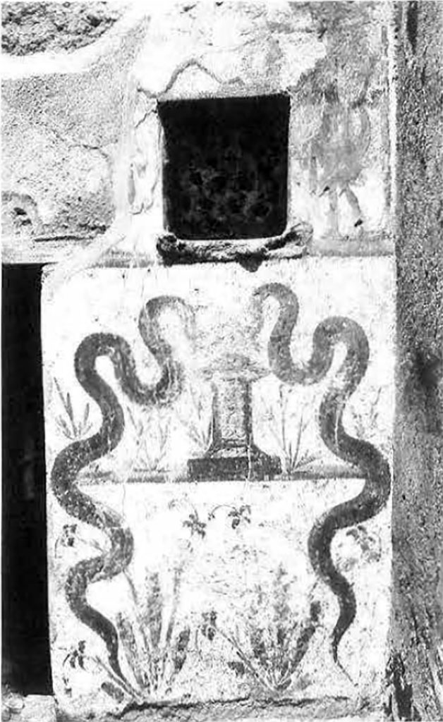 I.8.10 Pompeii. Lararium shortly after excavation.
In the middle of the uppermost zone is the niche, where poppies with purple flowers are painted on the back wall.
There were two Lares, one on either side of the niche.
There were two serpents, one rising either side of a round altar.
The horizontal line, on which the base of a round altar rested, was about halfway up the serpent’s body.
The background of the middle zone is formed by oleander-like plants.
The lowest zone is filled by two perennial plants, probably lilies.
See Fröhlich, T., 1991. Lararien und Fassadenbilder in den Vesuvstädten. Mainz: von Zabern. (L9: p.253, T25.2).
