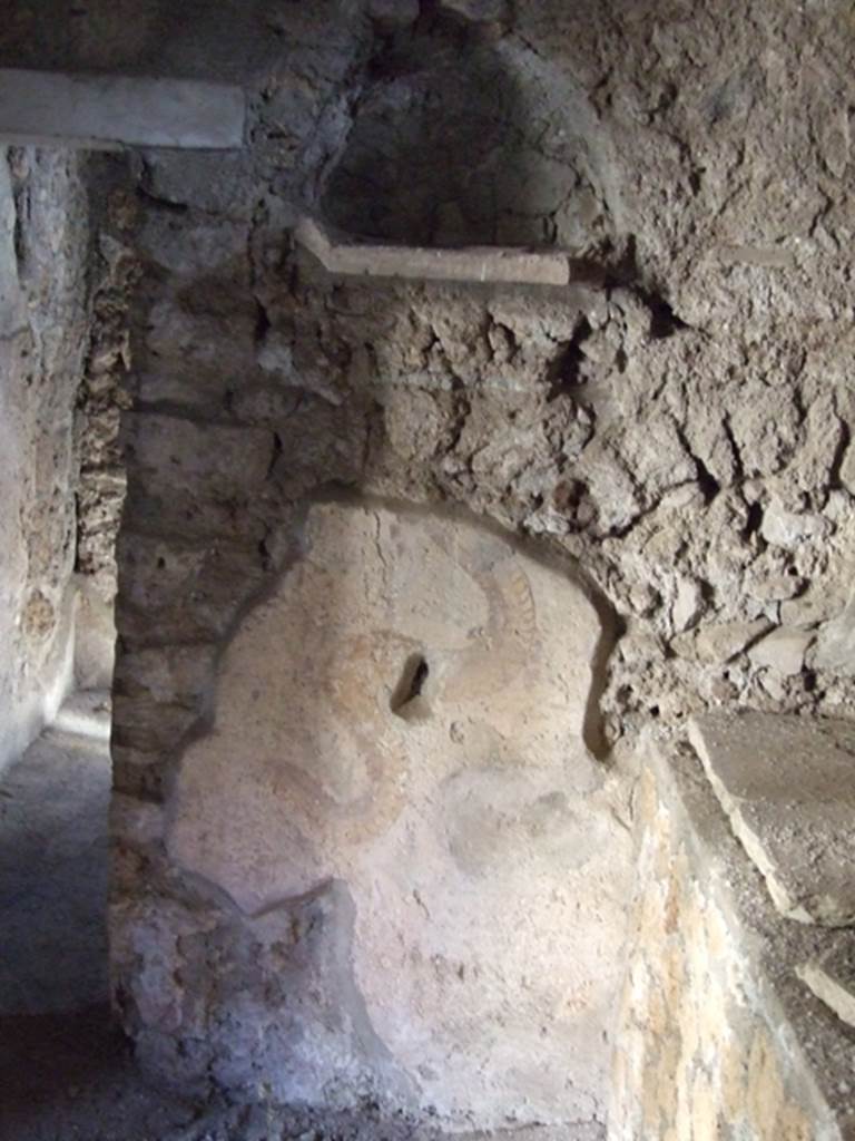 I.10.11 Pompeii. March 2009. Room 15, niche and Lararium painting on east wall of kitchen. According to Boyce, the arched niche was fitted with a heavy stucco cornice ornamented with an egg design in relief.
The interior walls were white and unpainted, a projecting tile formed the floor. See Boyce G. K., 1937. Corpus of the Lararia of Pompeii. Rome: MAAR 14. (p.29, no.59 and Pl.10, 2). See Fröhlich, T., 1991. Lararien und Fassadenbilder in den Vesuvstädten. Mainz: von Zabern. (L17, p.256). See Giacobello, F., 2008. Larari Pompeiani: Iconografia e culto dei Lari in ambito domestico. Milano: LED Edizioni. (21: p.148-9).