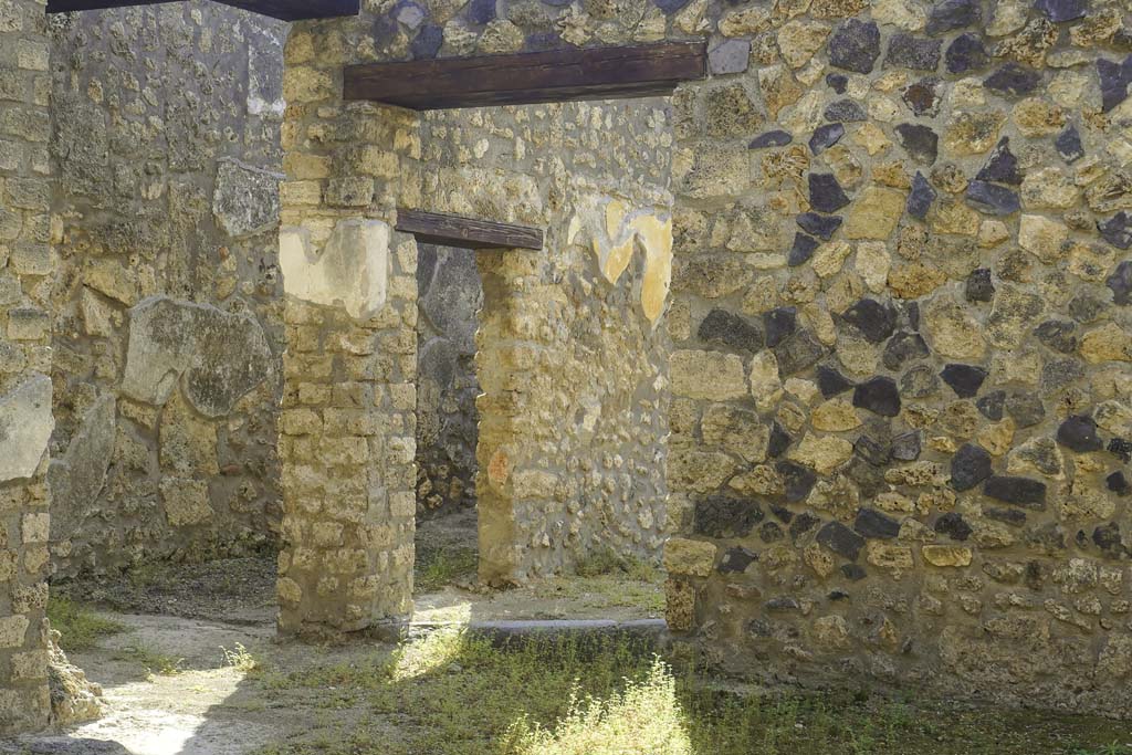 I.11.1 Pompeii. August 2021. Looking south-east across atrium. Photo courtesy of Robert Hanson.
The doorway on the left in the south-east corner of atrium went into a room for customers, against the north and east wall were benches, and a lararium niche was set into the east wall.
The doorway, in the centre, led into another room for customers (?).
On its east wall, where yellow plaster is visible, was a painting of Venus and Dionysus, now destroyed.
See Carratelli, G. P., 1990-2003. Pompei: Pitture e Mosaici: Vol. II. Roma: Istituto della enciclopedia italiana, (p.512-515, nos. 8-13).
Kuivalainen describes –
“A composition of two figures standing in a landscape. On the left stands a youth with his weight on his right foot, leaning on a pillar; he wears a nebris falling from his left shoulder over his chest, and a cloak covering his left thigh but mostly falling on the column; he looks downwards at his right hand, pouring wine from a cantharus; in his left hand he holds a thyrsus. A panther sits with its left foreleg raised and drinks the wine. On the right stands a naked female figure with her weight on her right foot; in her raised right hand she holds a mirror, towards which she bends he head, and the raised left hand touches her hair; a cloak is falling down from her upper arm.”
Kuivalainen comments –
“A young Bacchus with a panther and a naked female, perhaps Venus by her appearance.”
See Kuivalainen, I., 2021. The Portrayal of Pompeian Bacchus. Commentationes Humanarum Litterarum 140. Helsinki: Finnish Society of Sciences and Letters, (p.130, D8).