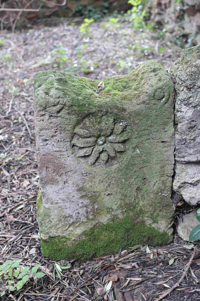 I.12.8 Pompeii. December 2018.
Room 9, detail of carved stone in low wall of peristyle garden. Photo courtesy of Aude Durand.