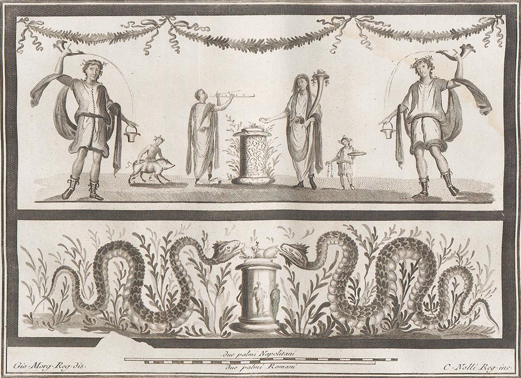 VII.6.38 or II.4.3/6 Pompeii.
Lararium painting (h.1.21, w.1.78) described by Boyce as being found in the Villa of Julia Felix, but exact location unknown.
He quoted the references Helbig 56: PAH I, i, 133: I. ii. 143 (June 6, 1761): Antichità di Ercolano, Pitture IV, 65, and pl.13.
See Boyce G. K., 1937. Corpus of the Lararia of Pompeii. Rome: MAAR 14. (p.95, no.470).
According to Fröhlich - this was found in Reg. VII or VIII.
See Fröhlich, T., 1991. Lararien und Fassadenbilder in den Vesuvstädten. Mainz: von Zabern. (L98, T: 10,2).
Pagano and Prisciandaro show this as being from VII.6.38.
See Pagano, M., and Prisciandaro, R., 2006. Studio sulle provenienze degli oggetti rinvenuti negli scavi borbonici del regno di Napoli. Naples: Nicola Longobardi. (p.39).