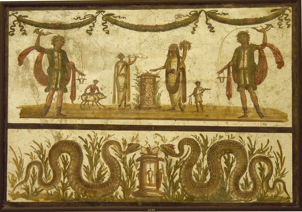 VII.6.38 Pompeii. May 2010. Lararium painting from the kitchen.
The upper part has an offering scene. A round altar is in the centre.
The offering Genius has a small camillus helping on his right.
On the other side of the altar is the tibicen with a popa assisting with a small pig.
The scene is flanked on either side by a large lar. Above the scene are three garlands.
The lower part has two serpents, in plants, approaching a second, round altar, one from either side.
Fröhlich says this was found in Reg. VII or VIII.
See Fröhlich, T., 1991. Lararien und Fassadenbilder in den Vesuvstädten. Mainz: von Zabern. (p. 292, L98, T: 10,2).
Pagano and Prisciandaro show this as being from VII.6.38.
See Pagano, M., and Prisciandaro, R., 2006. Studio sulle provenienze degli oggetti rinvenuti negli scavi borbonici del regno di Napoli. Naples: Nicola Longobardi. (p.39).
Now in Naples Archaeological Museum. Inventory number: 8905.