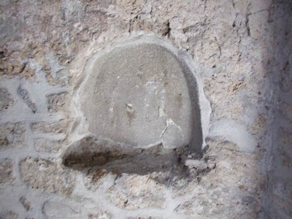 III.2.1 Pompeii. March 2009. Room 11, niche on south wall.
According to Boyce, this arched niche (h.0.55, w.0.60, d.0.17, h. above floor 1.10) is above the hearth.
See Boyce G. K., 1937. Corpus of the Lararia of Pompeii. Rome: MAAR 14. (p. 30, no. 64).
See Giacobello, F., 2008. Larari Pompeiani: Iconografia e culto dei Lari in ambito domestico. Milano: LED Edizioni, (p.162, no.33)
.