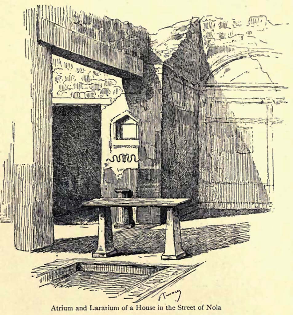V.2.15 Pompeii. Drawing published in 1900 by Pierre Gusman.
Looking north across peristyle towards niche, and doorway to room 8, exedra, on right.
See Gusman, P. (1900). Pompei, the city its life and art. (p.111).