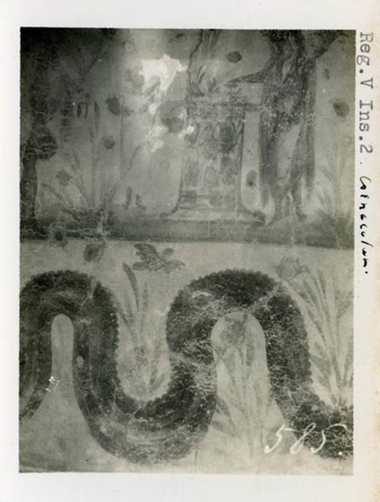 V.2.c Pompeii, but shown as V.2 Cenaculum on the photo. 1937-39.
Room “b”. Detail from lararium.
Photo courtesy of American Academy in Rome, Photographic Archive.
Warsher collection no. 585.