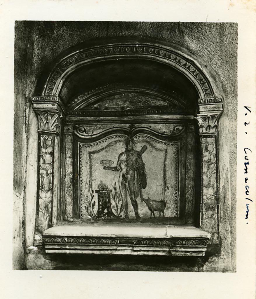 V.2.h Pompeii. Pre 1937-39. Lararium niche painting in north wall of area ‘k’.
Photo courtesy of American Academy in Rome, Photographic Archive.
Warsher collection no. 962a.
