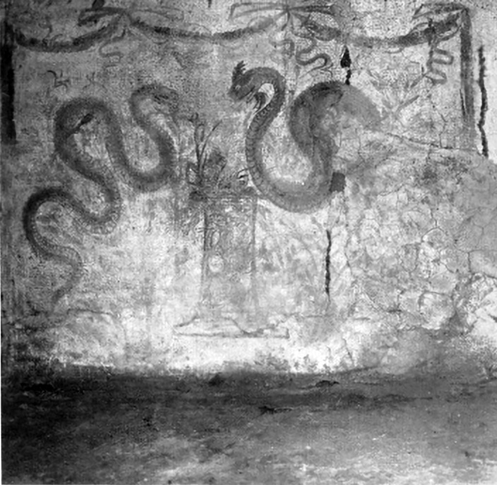 V.2.i Pompeii. 1930s photo by Tatiana Warscher. Room 26, lararium painting on west wall.
Two serpents approaching a round altar painted in a marble pattern, with a fire and a pine cone on the top.
Above is a triple garland below which is a single bird in flight.
See Boyce G. K., 1937. Corpus of the Lararia of Pompeii. Rome: MAAR 14. (p.38, no.110 and Pl. 28,2)
See Fröhlich, T., 1991. Lararien und Fassadenbilder in den Vesuvstädten. Mainz: von Zabern. (L49).
