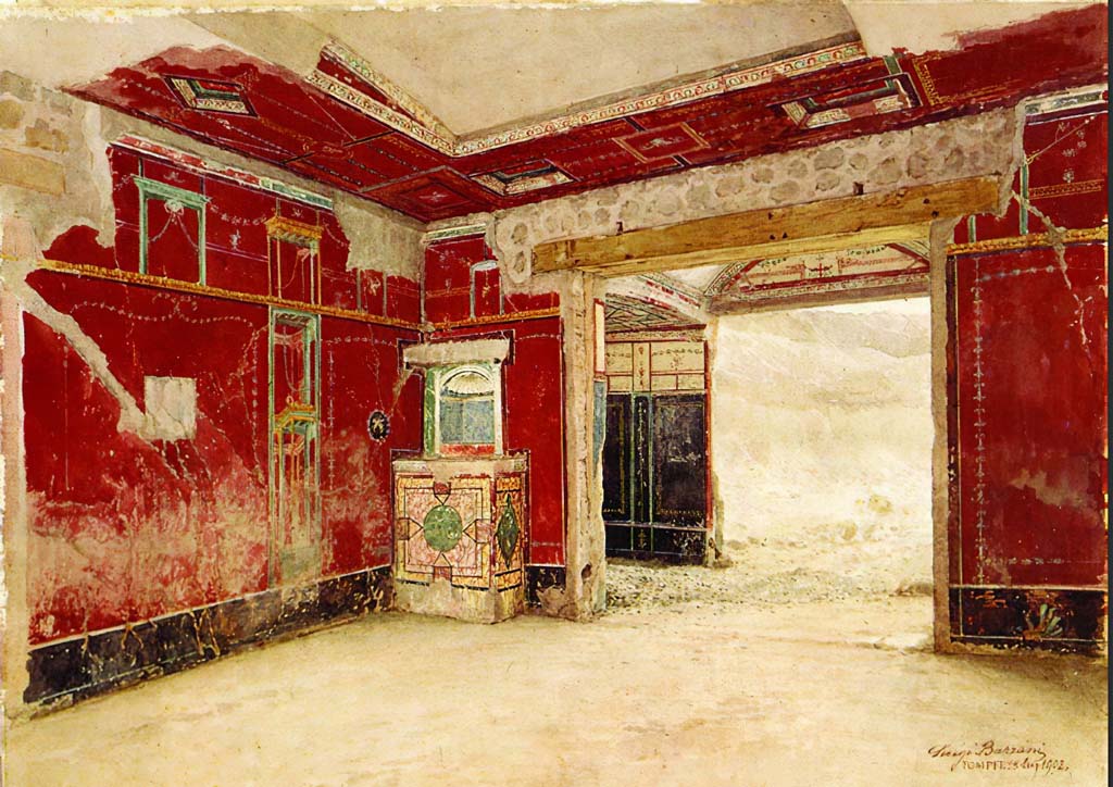V.3.4 Pompeii. 25th July 1902. Watercolour by Luigi Bazzani.
Looking towards lararium in north-west corner of tablinum, and showing detail of painted ceiling.
Now in Museo Nazionale di Capodimonte, inv. no. 2338.
See Carratelli, G. P., 2003. Pompei: La documentazione nell'Opera di disegnatori e pittori dei secoli XVIII e XIX.
Roma: Istituto della enciclopedia italiana, p. 1023, fig. 1.