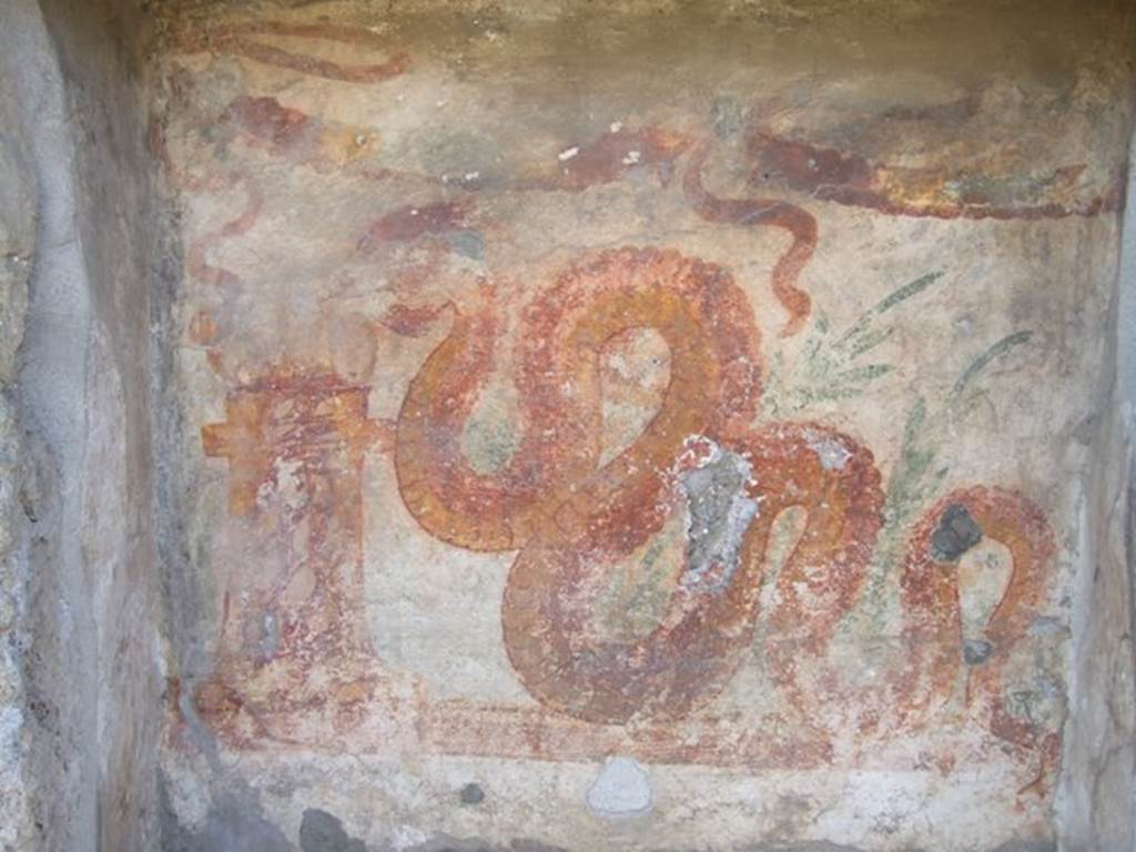 V.3.7 Pompeii. March 2009. West wall of garden area. Lararium upper zone. This has a painting of a serpent advancing left to a round altar which is painted in a variegated marble style. In the background are plants and a double garland is across the top. See Boyce G. K., 1937. Corpus of the Lararia of Pompeii. Rome: MAAR 14. (112, p. 38, Pl 36, 2).