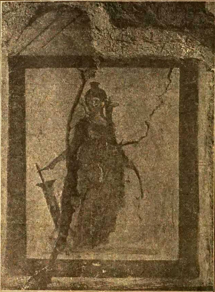 V.4.9 Pompeii. 1899. Painting of Fortuna with rudder, from south wall near latrine.
According to Boyce, the painting had a wide black border on all of its sides.
Its dimensions including the wide black border surrounding it on all sides, h.0.55, w.0.44.
Fortuna was shown standing beneath a painted aedicula.
She was wearing a red chiton and green mantle, with a small modius on her head.
In her right hand was a rudder, in her left she held a cornucopia against her shoulder.
See Boyce G. K., 1937. Corpus of the Lararia of Pompeii. Rome: MAAR 14. (p.41, no.122).
See Notizie degli Scavi di Antichità, 1899, (p.346)