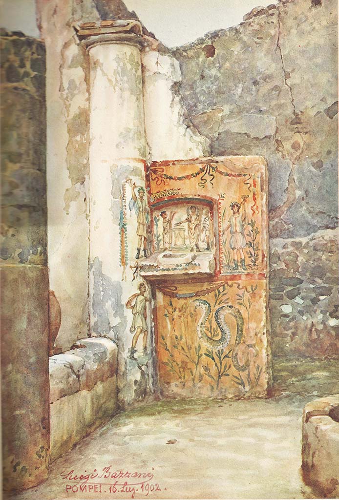 V.4.b Pompeii. 1902 painting of lararium by Luigi Bazzani.
This painting shows the lararium with Genius and tibicen, found on the east wall of the atrium, near the kitchen doorway.
Underneath the niche, to the left on the pillar, was a representation of Mercury.
The pillar was in the south-east corner of the garden portico.