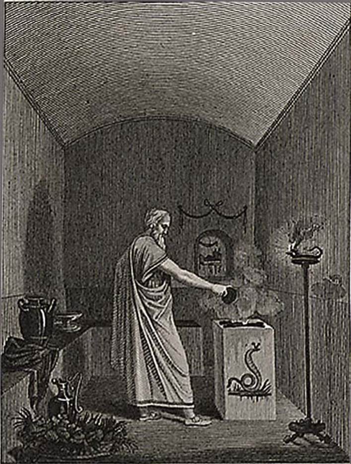 VI.1.1 Pompeii. Drawing by Mazois, 1824, of windowless sacrarium, looking north.
See Mazois, F., 1824. Les Ruines de Pompei: Second Partie. Paris: Firmin Didot. (p. 47 and pl. X, fig. 1).
