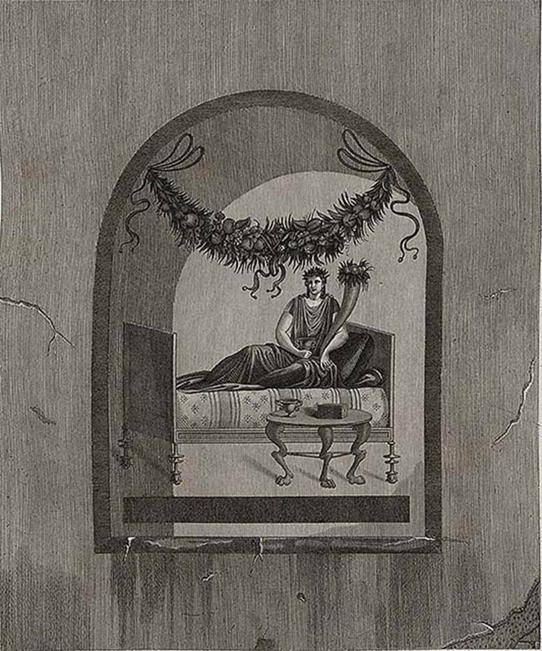 VI.1.1 Pompeii. 1824 drawing by Mazois of painting in the niche.
Windowless sacrarium, at east end of north wall.
Mazois described a figure reclining on a couch, with a green mantle wrapped around her legs.
In her left hand she held a cornucopia and in the right a kantharos.
A table, on which were a cup and a box, was in front of the couch.
Above was a heavy garland with fruit.
See Mazois, F., 1824. Les Ruines de Pompei: Second Partie. Paris: Firmin Didot. (p. 47 and pl. X, fig. 2).
