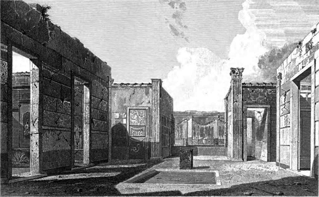 VI.2.4 Pompeii. 1852. Looking east across atrium showing east wall of ala (left of centre) and lararium painting with single serpent below.
See Gell, W. and Gandy, J., 1852. Pompeiana: Third Edition. London: Bohn. (p. 124, pl. 28).