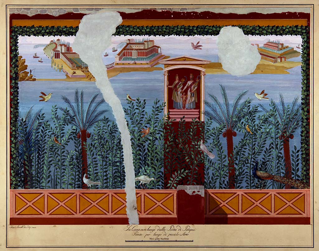 VI.2.14 Pompeii. 1812 garden painting on east wall at the rear of garden.
Painting by Francesco Morelli, 1812, long wall of the small atrium.
Now in Naples Archaeological Museum. Inventory number ADS 130.
Photo © ICCD. http://www.catalogo.beniculturali.it
Utilizzabili alle condizioni della licenza Attribuzione - Non commerciale - Condividi allo stesso modo 2.5 Italia (CC BY-NC-SA 2.5 IT)