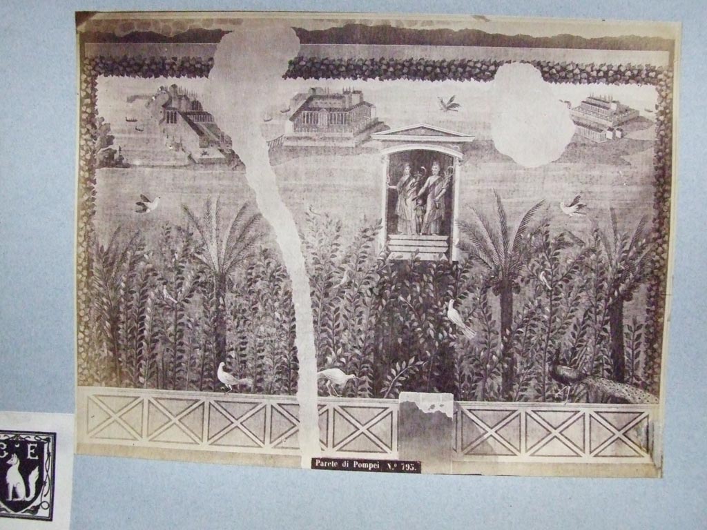 VI.2.14 Pompeii. Garden painting on east wall at the rear of garden.
Old undated photograph courtesy of the Society of Antiquaries, Fox Collection.
This incorporated a lararium with the likenesses of Egyptian deities, Isis, Osiris and Harpocrates.
See Jashemski, W. F., 1993. The Gardens of Pompeii, Volume II: Appendices. New York: Caratzas. (p. 122).
According to Boyce, on the east wall was a shrine for Egyptian deities, which had disappeared before Helbig made his descriptions.
Helbig’s descriptions were taken from the Pomp. Ant. Hist.
Below the lararium niche was a brick altar standing on the floor of the room, coated with red stucco and with a yellow candelabrum painted on it.
See Boyce G. K., 1937. Corpus of the Lararia of Pompeii. Rome: MAAR 14. (p. 44, no. 141).
According to CTP –
The painting of Isis, Osiris and Harpocrates was found in March 1811. See PAH, I, 3, (pp.52-54) – 16th March. (p.239, Addenda).
See Van der Poel, H. B., 1983. Corpus Topographicum Pompeianum, Part II. Austin: University of Texas. (p.247).