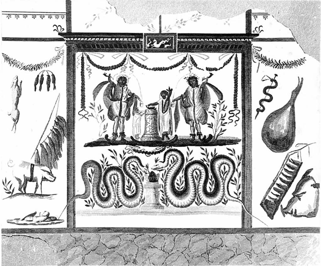 VI.6.1 Pompeii. Room 16, kitchen area in north-west corner of peristyle.
Sketch by Mazois of the painted lararium that was found on the north wall, but no longer visible.
A genius stood to the right of a blazing round altar. A very small tibicen was to the left of the altar.
A tall wreathed Lar, dressed in blue tunic, red Pallium and high boots stood on each side.
Each Lar was pouring wine from a rhyton to a situla, Garlands and bushes were also in the scene.
In the lower part two huge serpents, in a background of plants, confronted a round altar which had offerings.
See Boyce G. K., 1937. Corpus of the Lararia of Pompeii. Rome: MAAR 14. (p.46, no.156, Plate 18,1).
See Mazois, F., 1824. Les Ruines de Pompei: Second Partie. Paris: Firmin Didot. (p. 85-7, Pl. XLV, 2).
See Giacobello, F., 2008. Larari Pompeiani: Iconografia e culto dei Lari in ambito domestico. Milano: LED Edizioni. (p. 173, 50).