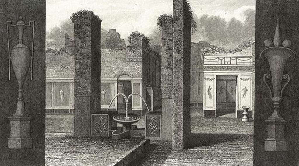 VI.8.20 Pompeii. Fountain in the fullery of L. Veranius Hypsaeus, drawing by Gell.
Between the two pillars at the south end of the east side of the portico there was a fountain.
This was unlike any other fountain found at Pompeii so far.
It consisted of a marble basin supported by a small, fluted pedestal which stood in a pool of unusual shape.
Water jetted from pipes (concealed in the projection –a low wall attached to each pillar) falling into the basin.
It then overflowed into the pool.
On the left pillar was a painting of a river god, on the opposite pillar a painting of standing female figure.
There was also a painting of Bacchus and of Apollo on the low walls flanking the pillars.
There was also a painting of an altar with two large serpents on one of the pillars.
On three sides of the corner (left) pillar was a remarkable series of four paintings which pictured in detail the various processes in the fulling industry.
See Jashemski, W. F., 1993. The Gardens of Pompeii, Volume II: Appendices. New York: Caratzas. (p.134, figs 145 to 148).
According to Boyce –
“On one of two pilasters which border a kind of fountain at the east end of peristyle, are painted the figure of Sarnus, resting his elbow upon an overturned jar, and two serpents confronted at an altar. Whether the figures of Bacchus, Apollo and Venus Pompeiana (?) painted on the other faces of these pilasters are to be regarded as patron deities of the fullonica, or as decorative paintings left over from the time when the peristyle was part of a house, is uncertain.”
See Boyce G. K., 1937. Corpus of the Lararia of Pompeii. Rome: MAAR 14, (p.49, no. 171).
According to Kuivalainen –
“On the south pillar, depictions of a fullonica (now in MANN). On the east wall, a young standing Bacchus with a panther.”
See Kuivalainen, I., 2021. The Portrayal of Pompeian Bacchus. Commentationes Humanarum Litterarum 140. Helsinki: Finnish Society of Sciences and Letters, p.96, B4, as well as p.111, C8 for another young Bacchus with a panther in the same area, on the same wall.