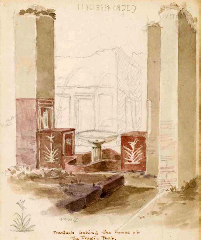 VI.8.20 Pompeii. c.1830. Drawing from sketchbook of Gell, showing the fountain behind the House of the Tragic Poet.
See Gell, W. Sketchbook of Pompeii, c.1830.
See book from Van Der Poel Campanian Collection on Getty website http://hdl.handle.net/10020/2002m16b425