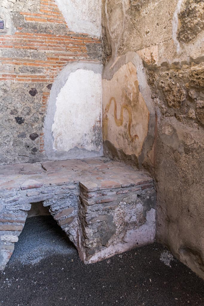VI.9.7 Pompeii. January 2023. Room 4, painted lararium in north-west corner of kitchen with hearth.
Two serpents diagonally approach a round altar, one serpent from each side of the corner of the room.
On the north wall is a serpent and round altar. Photo courtesy of Johannes Eber.
See Fröhlich, T., 1991. Lararien und Fassadenbilder in den Vesuvstädten. Mainz: von Zabern. (p277: L66).