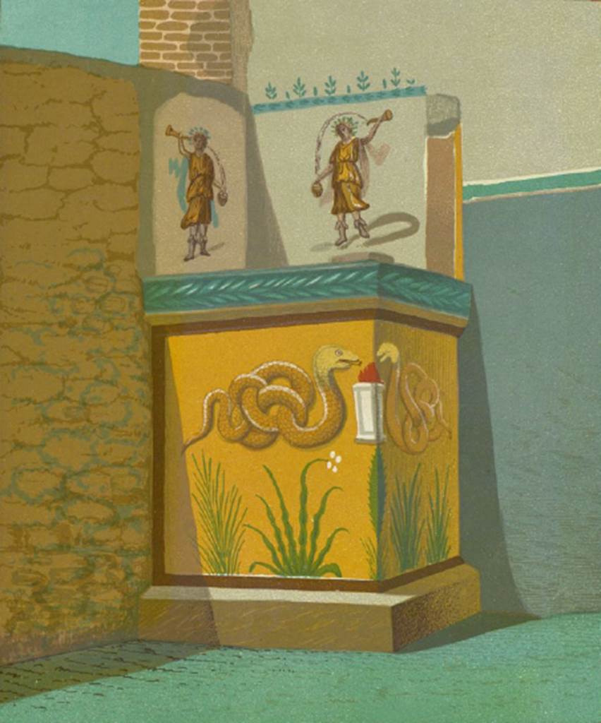 VI.13.2 Pompeii. 1878. Altar in north-east corner of peristyle. Old painting showing the decoration of the lararium. Boyce describes a rectangular podium with yellow stucco bordered with red stripes. On each of the two free sides is a serpent coiling towards a flaming altar on the free corner. The serpents and the flaming altar are in stucco relief. On each wall above is a Lar with rhyton and situla. There must have originally been an aedicula with the roof supported by a single column at the one free corner of the podium. See Boyce G. K., 1937. Corpus of the Lararia of Pompeii. Rome: MAAR 14. (p. 52, 193, Pl. 34,4).