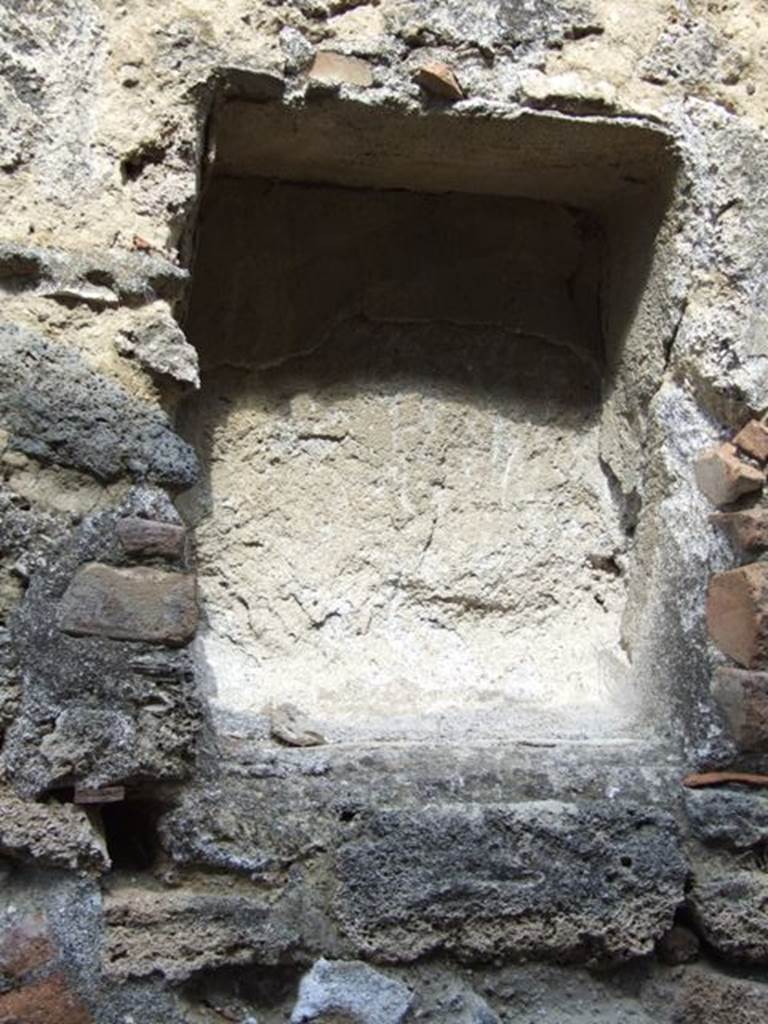 VI.14.20 Pompeii. March 2009. Room 18, niche on north wall of garden area.
According to Boyce, this rectangular niche (h.0.52, w.0.42, d.0.20, h. above floor 1.60) was found on the north wall of the peristyle.
He added a note that said – in the fullonica connected to this house a bronze statuette of Jupiter was found.
He was bearded, holding a thunderbolt in his left hand. On the base at his side stood an eagle.
See Giornale degli Scavi, N.S., III, 1876, 170.
See Boyce G. K., 1937. Corpus of the Lararia of Pompeii. Rome: MAAR 14. (p.53, no.200)
See Giacobello, F., 2008. Larari Pompeiani: Iconografia e culto dei Lari in ambito domestico. Milano: LED Edizioni, (p.274 no.V52)