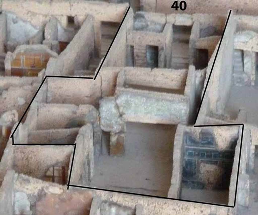 VI.14.40 Pompeii. Looking west from rear, across area on cork model in Naples Archaeological Museum.
Note the large triclinium, on the right, (north side) with the painted decoration.
According to Boyce, on the south side of the peristyle beside the doorway to the kitchen, was found a fragmentary lararium painting, of which only the left side was preserved. A yellow serpent with red crest coiled above a flaming altar.
The entire painting was originally framed by an aedicula painted in red, within which were green garlands with red flowers stretched across the top and hanging down the sides.
See Boyce G. K., 1937. Corpus of the Lararia of Pompeii. Rome: MAAR 14. (p. 54, no. 208)
See Sogliano, A., 1879. Le pitture murali campane scoverte negli anni 1867-79. Napoli: (p. 18, no. 57, he described it as damaged on the right extremity).
See Giacobello, F., 2008. Larari Pompeiani: Iconografia e culto dei Lari in ambito domestico. Milano: LED Edizioni. (p. 180).