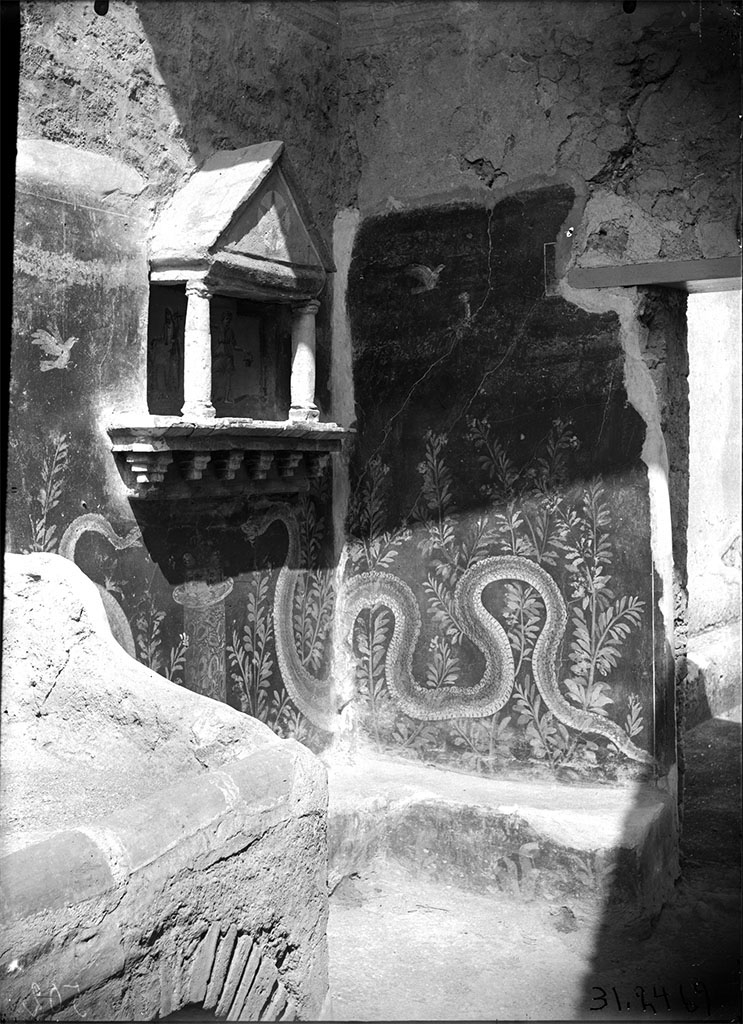 VI.15.23 Pompeii. 1931. Kitchen in south-west corner of peristyle.
Lararium in north-west corner of kitchen, near doorway to south portico, with serpents extending over both the west and north walls.
DAIR 31.2469. Photo © Deutsches Archäologisches Institut, Abteilung Rom, Arkiv.
See Fröhlich, T., 1991. Lararien und Fassadenbilder in den Vesuvstädten. Mainz: von Zabern. (L73 and Taf. 35,3)
On the wall on each side of the aedicula was painted a garland and a flying bird.
Two large yellow serpents were painted on the wall beneath the aedicula and extended over onto the north wall on the one side.
On the other side, extending to the adjacent side of the hearth.
The serpent on the right had the larger body, a crest and a beard, the one on the left was smaller with no crest or beard.
They were on either side of a cylindrical altar painted in imitation of yellow marble beneath the aedicula.
The altar was furnished with two eggs and fruit.
See Boyce G. K., 1937. Corpus of the Lararia of Pompeii. Rome: MAAR 14. (p.56, no.219, and Pl.15, 1 and 2)
