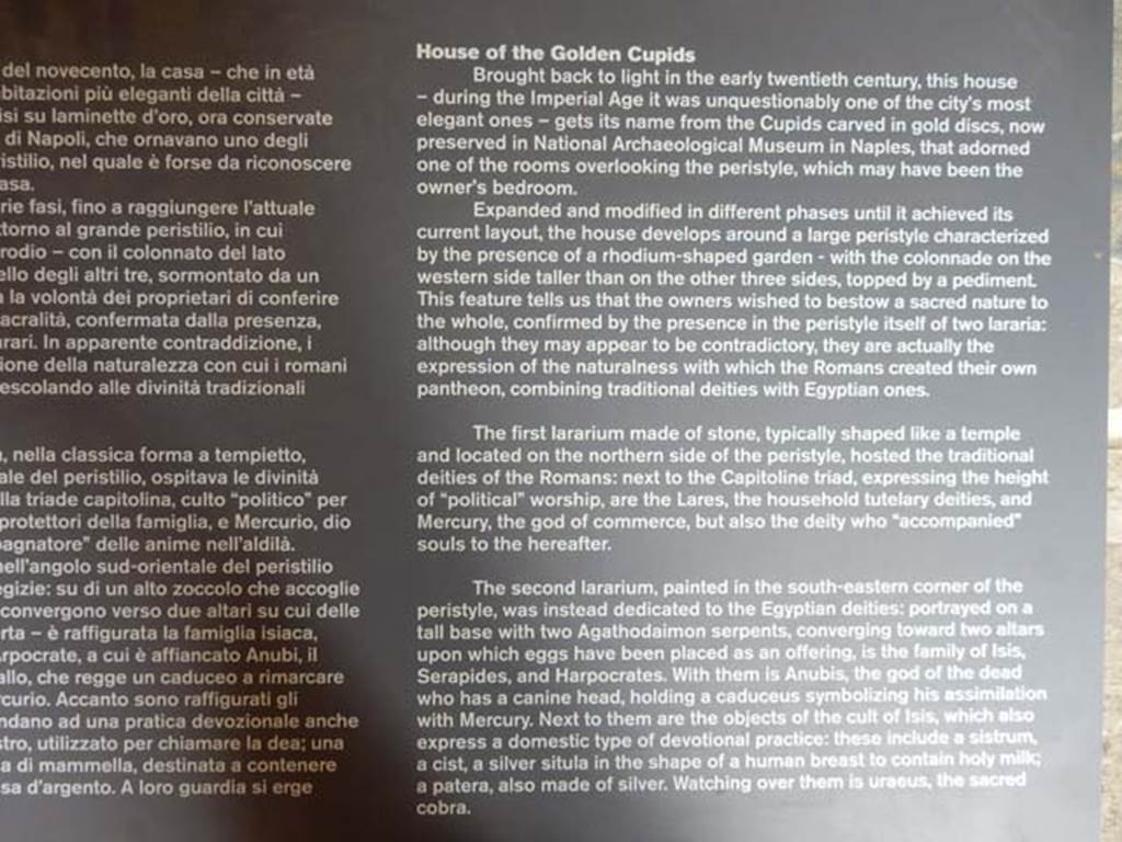 VI.16.7 Pompeii. May 2016. Information card. Photo courtesy of Buzz Ferebee.
“The second lararium, painted in the south-eastern corner of the peristyle, was instead dedicated to the Egyptian deities: portrayed on a tall base with two serpents, converging towards two altars upon which eggs have been placed as an offering, is the family of Isis, Serapides and Harpocrates. With them is Anubis, the god of the dead who has a canine head, holding a caduceus symbolizing his assimilation with Mercury. Next to them are the objects of the cult of Isis, which also express a domestic type of devotional practice: these include a sistrum, a cist, a silver situla in the shape of a human breast to contain holy milk, and a patera also made of silver.
Watching over them is Uraeus, the sacred cobra.”