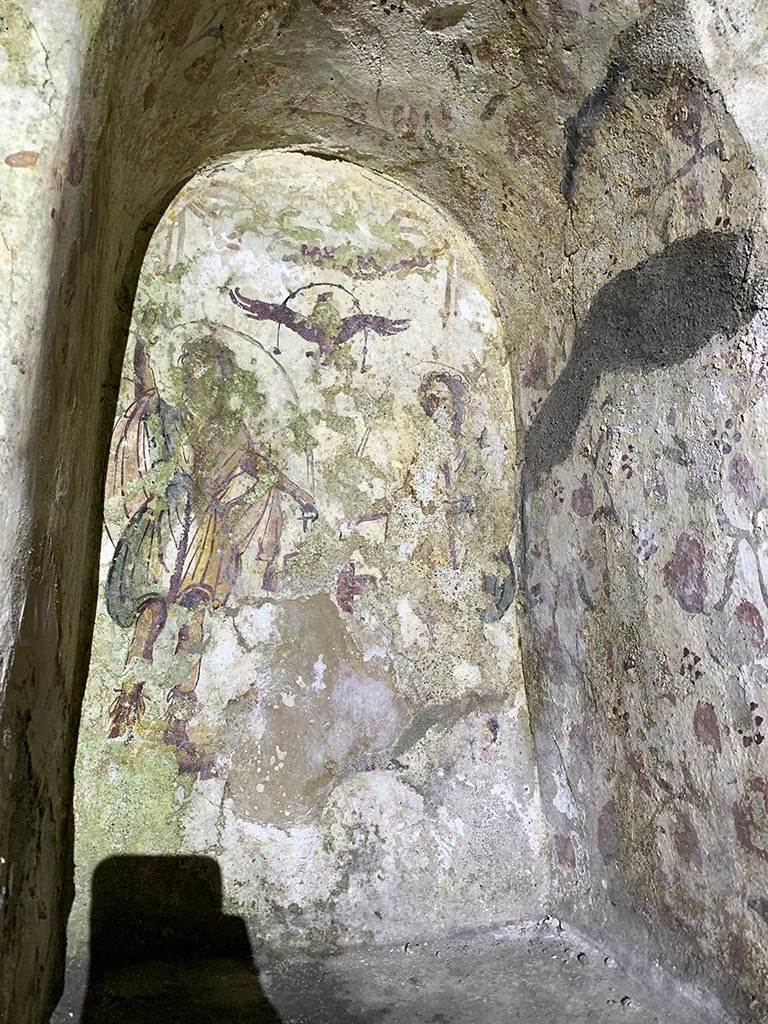 VII.2.20 Pompeii. November 2024.
Painted lararium niche on north wall at east (right) side. Photo courtesy of Yuliya Sanchenko.