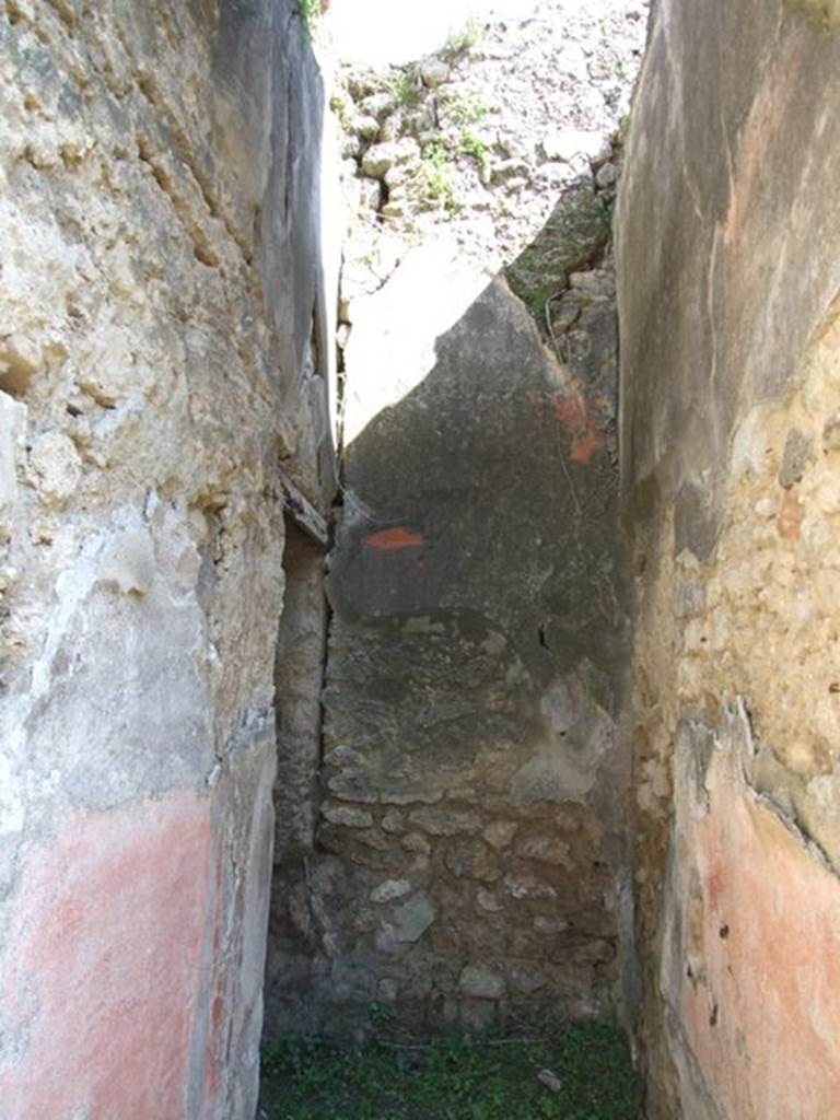 VII.3.29 Pompeii. March 2009. Room 12, corridor. Looking east. On the east side of the corridor was the garden area. According to Boyce, in the south-west corner of the portico of the garden was a semi-circular niche. Its vaulted ceiling was adorned with a painted shell. Painted on the wall above the niche was a pediment and below it a single serpent beside an altar.
See Boyce G. K., 1937. Corpus of the Lararia of Pompeii. Rome: MAAR 14. (p.65, no: 270, Pl.4,1)