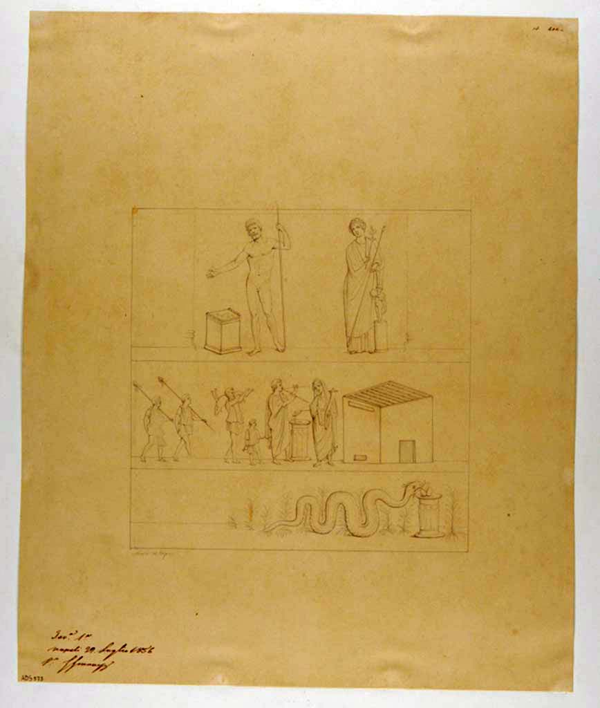 VII.4.20 Pompeii. Drawing by Nicola La Volpe of lararium painting from north wall of kitchen.
Nothing remains of the painting.
Now in Naples Archaeological Museum. Inventory number ADS 573.
Photo © ICCD. http://www.catalogo.beniculturali.it
Utilizzabili alle condizioni della licenza Attribuzione - Non commerciale - Condividi allo stesso modo 2.5 Italia (CC BY-NC-SA 2.5 IT)
In the upper zone were Jupiter and Venus Pompeiana.
In the middle zone was the sacrificial scene.
In the lowest zone a single serpent approaches an altar from the left.
See Boyce G. K., 1937. Corpus of the Lararia of Pompeii. Rome: MAAR 14. (271, p.65, Pl 18,2).