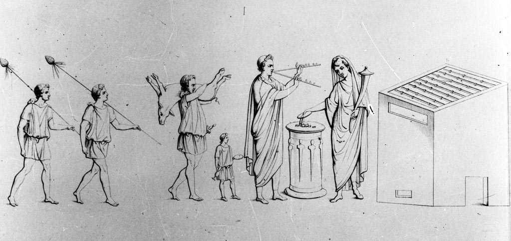 VII.4.20 Pompeii. W.16. About 1835. North wall of kitchen of dwelling house. Sketch of Lararium painting middle zone with a sacrificial scene.
Photo by Tatiana Warscher. Photo © Deutsches Archäologisches Institut, Abteilung Rom, Arkiv.
According to Fröhlich, on the far right of the more minimized middle zone appears a rectangular shape, a house or a large hearth.
To the left of this is the Genius sacrificing at the round altar, to whom a procession of five people is approaching from the left: a large Tibicen in a white toga, a small Camillus in a white tunic, a Popa with a beard in a yellowish tunic, who is carrying a pig on his left shoulder, and finally two men, shouldering thyrsus-like staffs, in short tunics.
See Fröhlich, T., 1991. Lararien und Fassadenbilder in den Vesuvstädten. Mainz: von Zabern, L83, p. 285-6, abb. 5 and 6.
See Real Museo Borbonico XI, Plate 37.