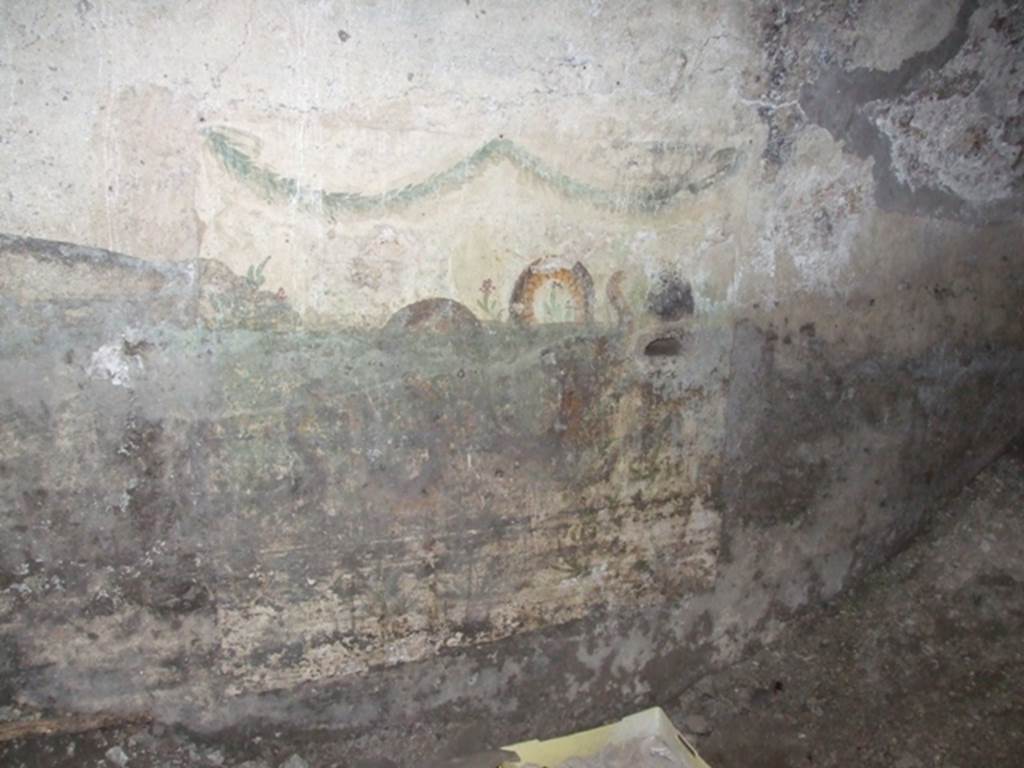 VII.4.31/51 Pompeii. March 2009. Room 27, east wall of cellar. Lararium painting, small niche, garland and serpent.
According to Fröhlich this had a few defects, moderately faded in places, very dirty in the lower part.
There was a white painted wall surface with sacrificial plate.
A big snake moves slightly ascending to the right.
In the oblong hole under the head of the serpent destroyed today, a wooden sacrificial plate was certainly attached.
The picture background is filled with small perennial plants and oleander-like shrubs, both with red flowers.
At the upper edge two garlands are painted, over whose three attachment points in each case remnants of nails stuck in the wall, which apparently served for the attachment of real garlands.
See Fröhlich, T., 1991. Lararien und Fassadenbilder in den Vesuvstädten. Mainz: von Zabern, L86, p. 287.
According to Boyce – Helbig saw the remains of a fragmentary lararium painting with the figures of the Lares. (Helbig, 90).
See Boyce G. K., 1937. Corpus of the Lararia of Pompeii. Rome: MAAR 14, (p. 66, no. 278).
See Giacobello, F., 2008. Larari Pompeiani: Iconografia e culto dei Lari in ambito domestico. Milano: LED Edizioni, (p.194, no.79)
