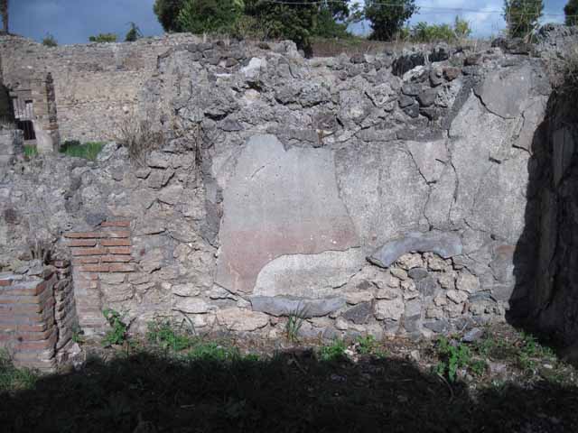 I.2.17 Pompeii. March 2009. Room 8, small garden at rear of tablinum.
South wall and site of two raised pools, according to Mau. According to Fiorelli, the garden contained a basin or tub. See Pappalardo, U., 2001. La Descrizione di Pompei per Giuseppe Fiorelli (1875). Napoli: Massa Editore. (p. 36)
According to Jashemski, this very small garden (excavated in 1872) was entered from the tablinum. Much of the garden, according to Mau (she said) was occupied by two small adjacent raised pools. Attached to the west wall was a masonry pool, the other pool was to the south. There was a garden painting on the rear wall.
See Jashemski, W. F., 1993. The Gardens of Pompeii, Volume II: Appendices. New York: Caratzas. (p.23, & p.313, nos. 2 and 3)
She quoted the reference: Mau. BdI (1874) pp.264-265.