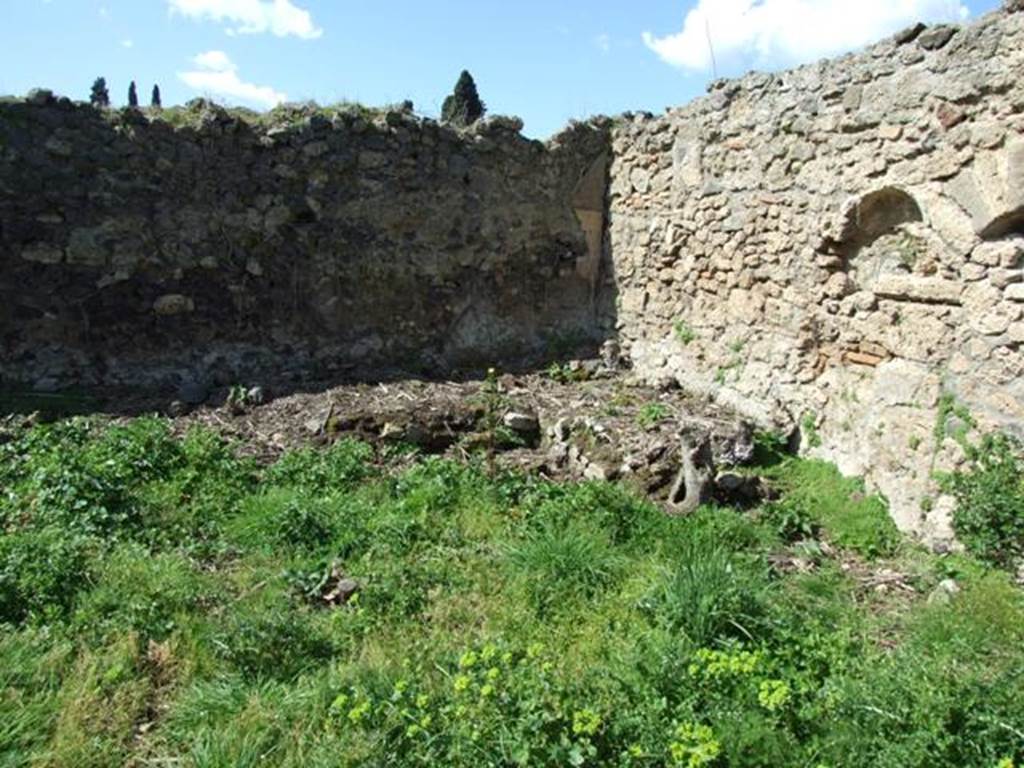 I.2.20 Pompeii. March 2009. Two-sided triclinium in the north-west corner of the garden.
According to Soprano –
Ubicazione: viridario. L. medius, m. 2.65, l. imus, m. 2.93, diametro della mensa, m. 0.93.
Bibliog. Fiorelli, op. c., p.45; “Bull. Inst.”, 1874, p.263; Viola, op. c., p.9.
I due letti sono addossati all’angolo N.O. del viridario, e hanno il piano superiore inclinato dall’esterno verso il muro; lungo le sponde interne (plutei)
corre un canaletto per la raccolta delle acque. Entrambi i letti appaiono ancora ricoperti di cocciopesto. Su uno dei due muri ai quali sono addossati i letti rivestiti d’intonaco giallo chiaro, era tracciata con il carbone una testa muliebre, in mezzo a varie epigrafi, ora del tutto svanita.
See Soprano, P. (1950). I triclini all’aperto di Pompei. (In Pompeiana, raccolta di studi per il secondo centenario degli scavi di Pompei. Napoli, Gaetano Macchiaroli, Editore, p.305, no.24.
“Bull. Inst.” = Bullettino dell’Instituto di Corrispondenza Archeologica (DAIR).