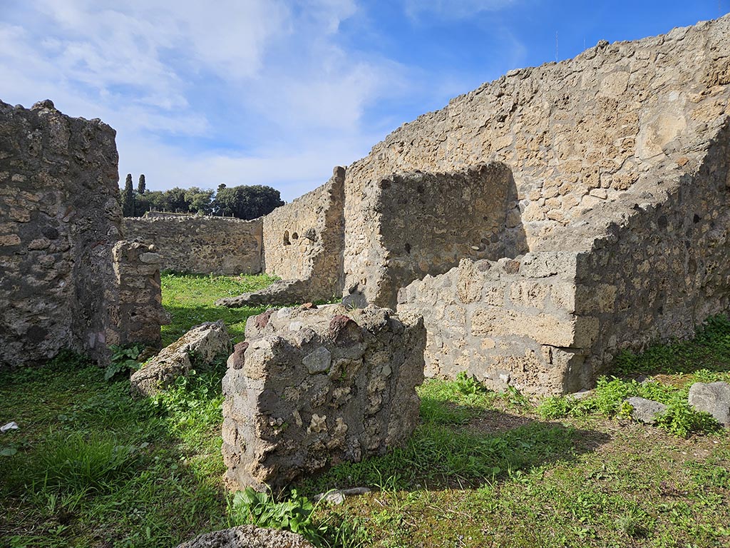 I.2.20 Pompeii. November 2024.
Looking north-west from Vicolo, towards entrance doorway, centre right, with small room on north side, on right.
Photo courtesy of Annette Haug.