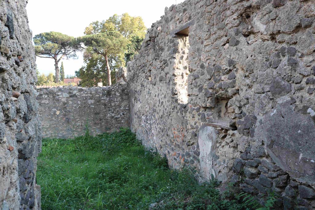 I.2.22 Pompeii. September 2018.
Looking south from room 7, along west wall with niche of garden room 5. Photo courtesy of Aude Durand.