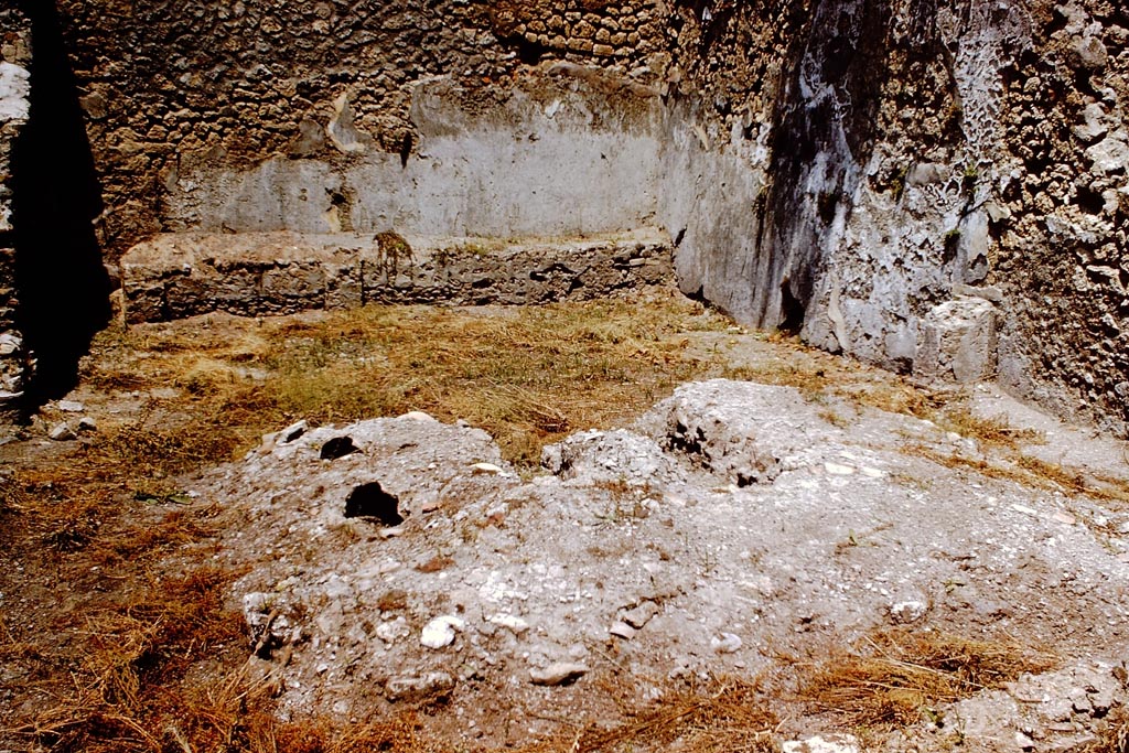 I.2.24 Pompeii. 1966. Looking north from the masonry triclinium in the garden area.
On the right, only the base of an aedicula lararium remains against the east wall. Photo by Stanley A. Jashemski.
Source: The Wilhelmina and Stanley A. Jashemski archive in the University of Maryland Library, Special Collections (See collection page) and made available under the Creative Commons Attribution-Non Commercial License v.4. See Licence and use details.
J66f0211