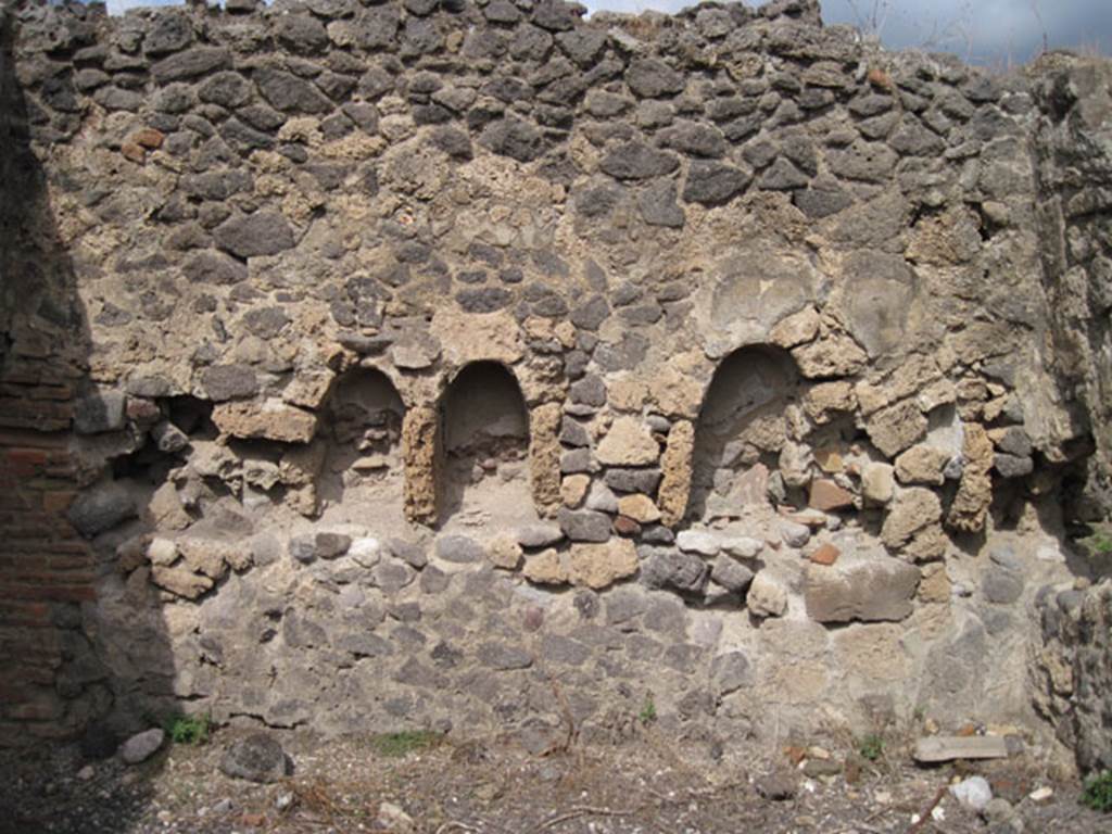 I.3.8b Pompeii. September 2010. North wall with niches. According to Fiorelli, “in the kitchen, other than the hearth, one finds two niches for the worship of the domestic gods”.
See Pappalardo, U., 2001. La Descrizione di Pompei per Giuseppe Fiorelli (1875). Napoli: Massa Editore. (p.39. Photo courtesy of Drew Baker.