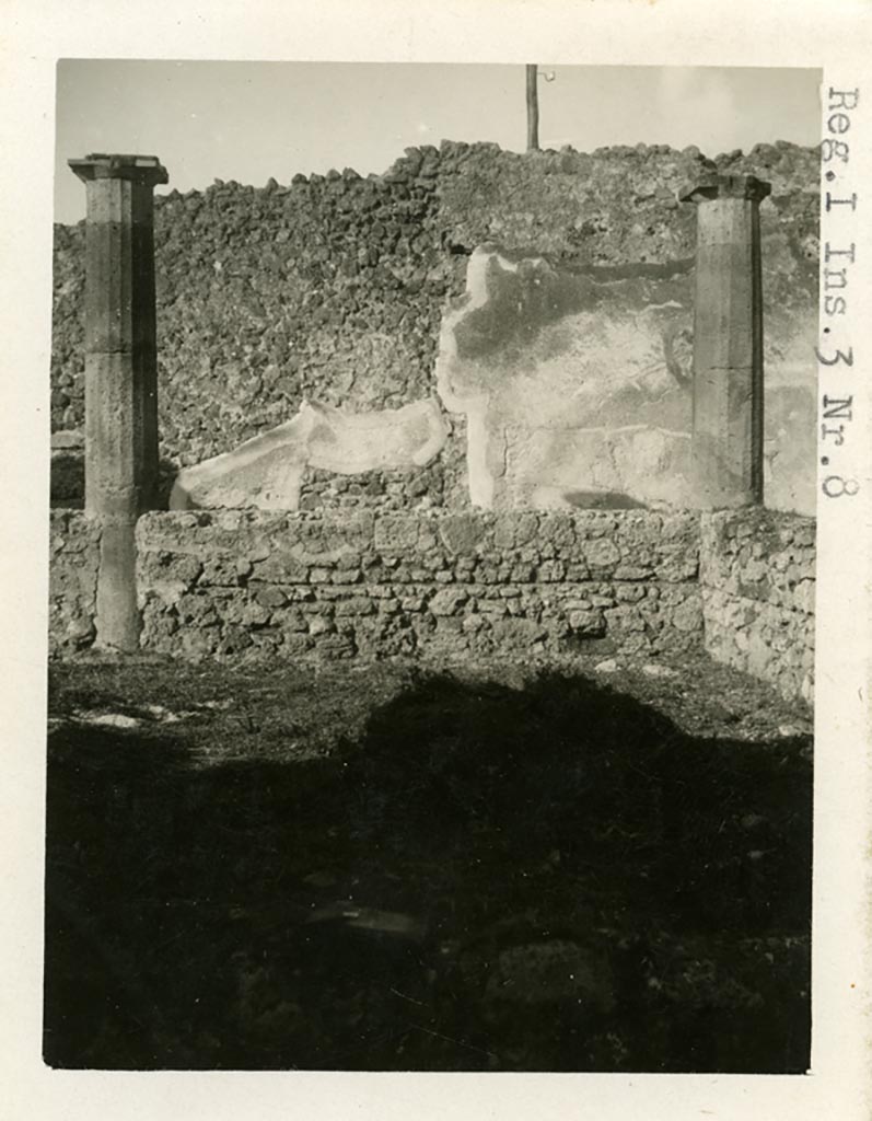 I.3.8 Pompeii. Pre-1937-39.
Taken from the centre of the peristyle, looking towards the second and third columns of the north portico.
Photo courtesy of American Academy in Rome, Photographic Archive. Warsher collection no. 1497.