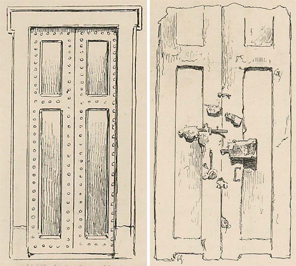 On the left, modern wooden reconstruction of a doorway, drawn by Gusman, on display on the rear wall of Room 1 of the Antiquarium, before the 1943 bombing. This clearly showed the iron studs/nails and architrave of a typical Pompeian door with two shutters.
On the right, provenanced from I.3.24, drawn by Gusman, a plaster cast of the rear portion of the entrance doorway with two shutters (leafs), half closed, with lock, door-bolt, hinge and iron doorlock, and on display in the Antiquarium prior to the 1943 bombing.
See Gusman P., 1899. Pompei: La Ville, Les Moeurs, Les Arts. Paris: Soci�t� francaise d'�ditions d'art, (p.291).
See Dwyer, E., 2010. Pompeii�s Living Statues. Ann Arbor: Univ of Michigan Press. (p.29)
See Garcia y Garcia, L., 2006. Danni di guerra a Pompei. Rome: L�Erma di Bretschneider, (p.184, fig.428 and 427).
