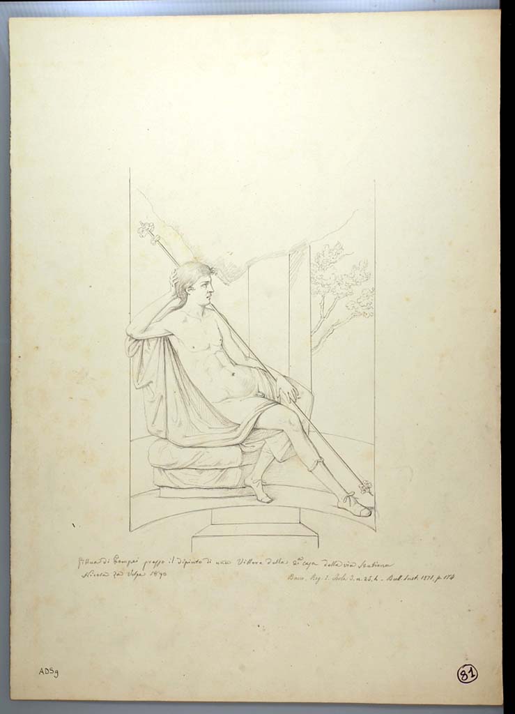I.3.25 Pompeii. Drawing by Nicola La Volpe, 1870, of painting seen in centre of east wall of oecus.
See Sogliano, A., 1879. Le pitture murali campane scoverte negli anni 1867-79. Napoli: Giannini. (p.38, no.156, described as young Dionysus)
Now in Naples Archaeological Museum. Inventory number ADS 9.
Photo � ICCD. http://www.catalogo.beniculturali.it
Utilizzabili alle condizioni della licenza Attribuzione - Non commerciale - Condividi allo stesso modo 2.5 Italia (CC BY-NC-SA 2.5 IT)
