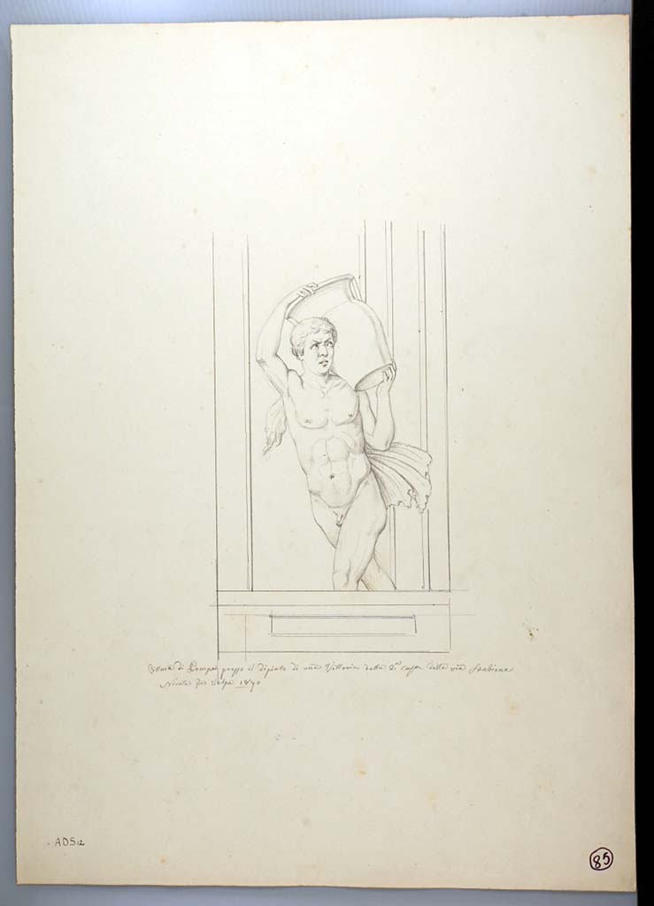 I.3.25 Pompeii. 1870 drawing by Nicola La Volpe of figure on west side of central figure on south wall.
See Sogliano, A., 1879. Le pitture murali campane scoverte negli anni 1867-79. Napoli: Giannini. (p.43, no.187, perhaps a Satyr carrying a vase.)
Now in Naples Archaeological Museum. Inventory number ADS 12.
Photo � ICCD. http://www.catalogo.beniculturali.it
Utilizzabili alle condizioni della licenza Attribuzione - Non commerciale - Condividi allo stesso modo 2.5 Italia (CC BY-NC-SA 2.5 IT)

