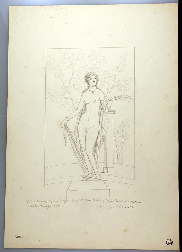 I.3.25 Pompeii. 1870 drawing of Aphrodite by Nicola La Volpe from centre of west wall in oecus. 
See Sogliano, A., 1879. Le pitture murali campane scoverte negli anni 1867-79. Napoli: Giannini. (p.32, no.127).
Now in Naples Archaeological Museum. Inventory number ADS 11.
Photo � ICCD. http://www.catalogo.beniculturali.it
Utilizzabili alle condizioni della licenza Attribuzione - Non commerciale - Condividi allo stesso modo 2.5 Italia (CC BY-NC-SA 2.5 IT)